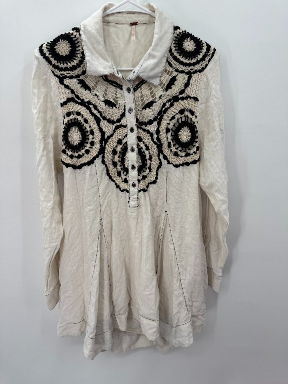 Free People Crochet Lace Cutout Back Tunic Mini Dress Cream Black Large